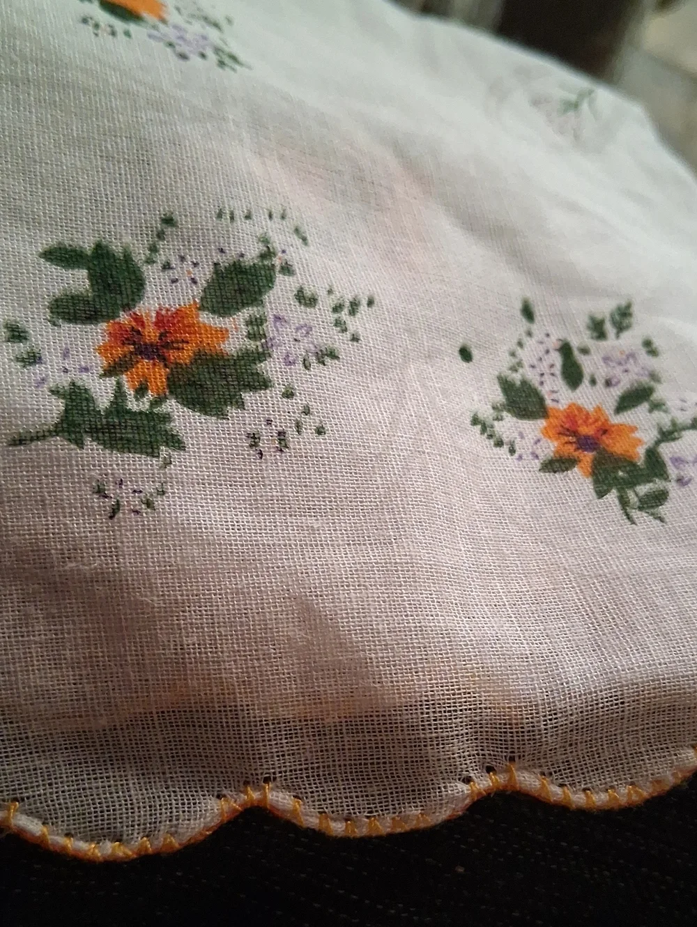 Vintage Floral Scalloped Handkerchief - Orange Yellow Flowers